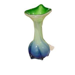 Jack in the Pulpit Vase‎ Vintage 1950s Hand-Blown Glass Blue Green White 8”